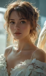 a woman is posing in a white blouse