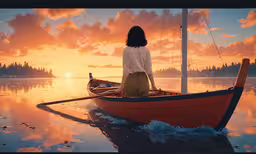 a woman is sitting in a boat on a lake,a woman standing on a boat in the water at sunset