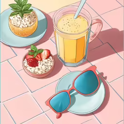 a bowl and some strawberries near a drink