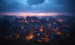 a nighttime city landscape of houses lit up on hills