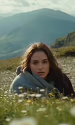 a woman laying in a field covered in a blanket
