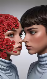 a man and a woman with roses on their face