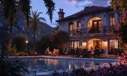 several people gathered at the patio by an elegant mansion