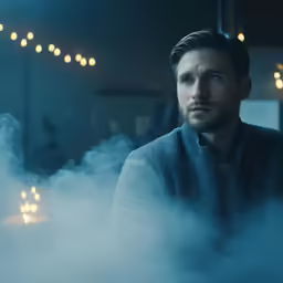 a man in a room with a lot of lights and a lot of smoke