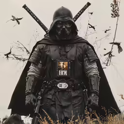 a person with two swords in a field