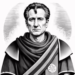 a black and white drawing of a man with a cross on his neck