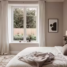bedroom with large window and white bedspread, artwork, curtains, plants