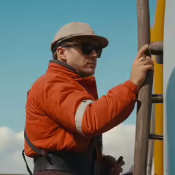 a man standing next to a surfboard near a building