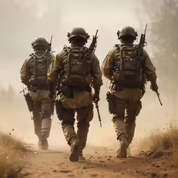 three soldiers walk across a dirt path in a wooded area