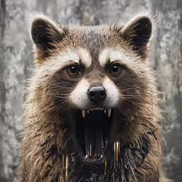 an adult racoon yawning and showing its teeth