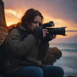 the woman sitting on the rocks is holding her camera