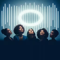 a group of women standing next to each other in front of an abstract background