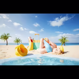 a woman sitting on top of a sandy beach next to an inflatable pool