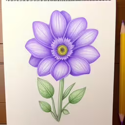 the painting is of a purple flower with green leaves,a colored drawing with a flower drawn on paper