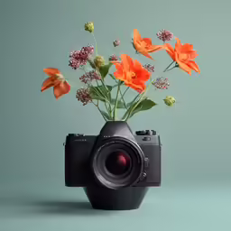 the camera has a vase with flowers in it