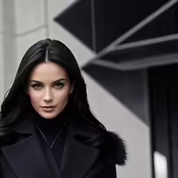 a woman wearing a black coat with a fur collar and black gloves