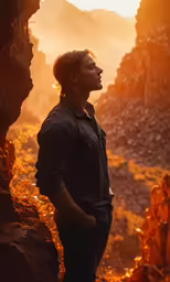 the man stands in the valley looking out into the distance