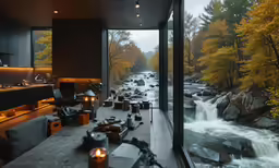 view of waterfall from long table in room with large window