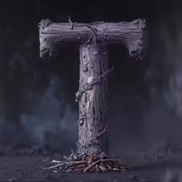 an abstract picture of a wooden cross with wire wrapped around it