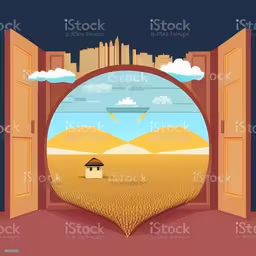 an open window shows the view of a cornfield and city at night,an open window showing the view to the city royalty - illustration