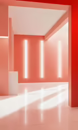 an empty room with red and white walls