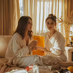 two women in robes sitting on the couch with mugs