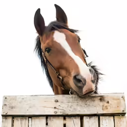 a horse looks over the top of his enclosure
