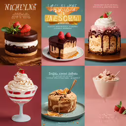 six images of desserts and beverages, one is chocolate and the other has strawberry,a cover page for a cookbook with images of cakes and desserts