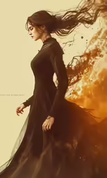 a young lady in a long dress with her long flowing hair