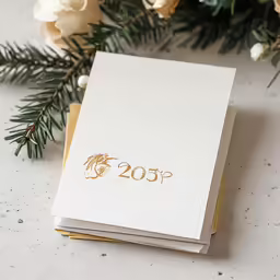 a small white wedding book with gold lettering on top