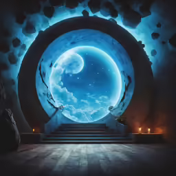an empty stage with a blue sky and stars above it