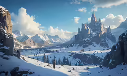 a big castle is sitting in the snow