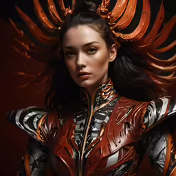 a close up of a woman wearing an elaborate outfit