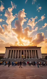 an outdoor view of a large building with lots of people