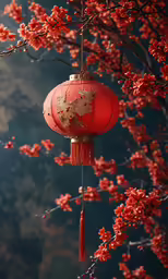 an orange lantern hanging from a tree with blossom