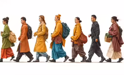 people in dresses are crossing the street while wearing backpacks