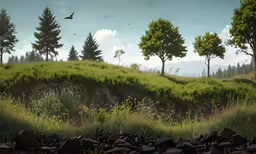an artistic view of a grassy land with rocks