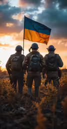 soldiers stand in a field and watch the sun set