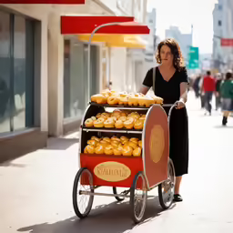 a woman pushes a cart with some rolls on it