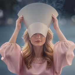 a woman holding her hat over her face