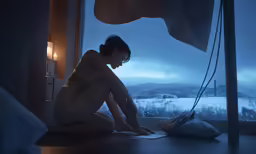 a woman sitting on top of a floor working on a paper