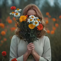 there is a beautiful woman standing in a field holding flowers