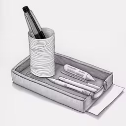 a drawing of some items in a container,a pencil drawing of a set of scissors, pencil and thread in a box