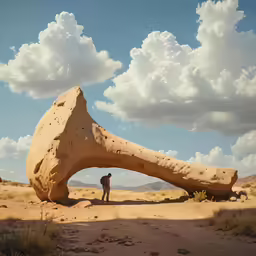 a person in the desert with a large rock