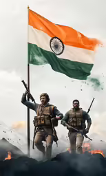 two men holding guns while standing in the snow next to a flag