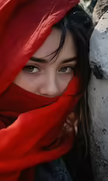 a young woman is wrapped in a red fabric