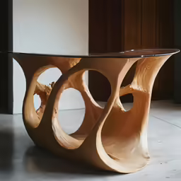 a circular table with carved wooden pieces and holes in the center