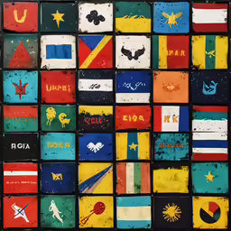 many flags are on black tile and different colors