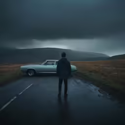 a man stands in the rain next to his car