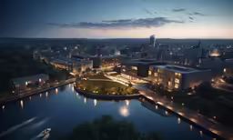 a nighttime view of a body of water in a city